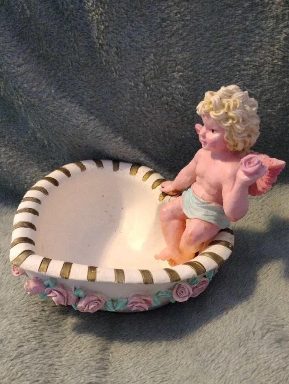 Decorative Heart Trinket Dish with Pink Rose Accents and Cherub
